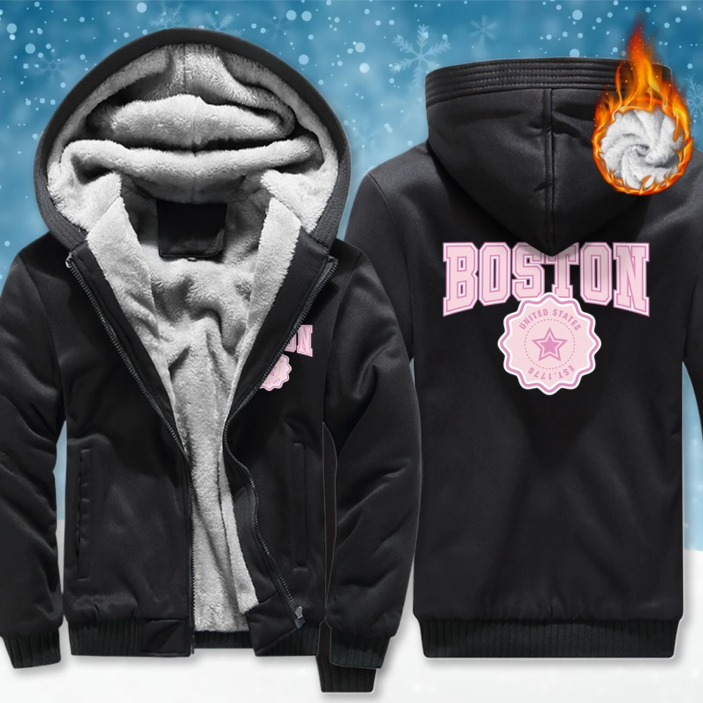 

The Sacred Medal Of Boston Print Man Zipper Jacket Casual Pocket Hoodies Winter Loose Clothing Thicken Fleece Male Retro Coats