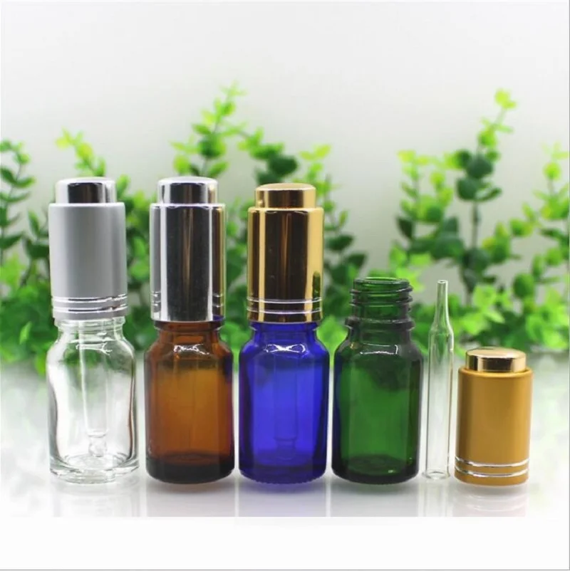 10ml clear/blue/green/brown glass bottle silver pump dropper essential oil serum moisture liquid skin care cosmetic packing