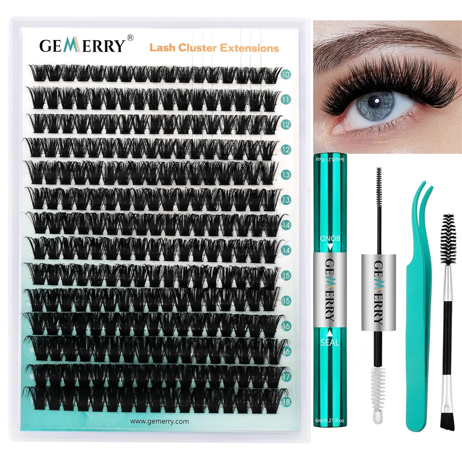 Eyelash Extension Kit with Thick Curl Fluffy Clusters, Lash Bond, Seal & Tweezers (80P-10-18mm)