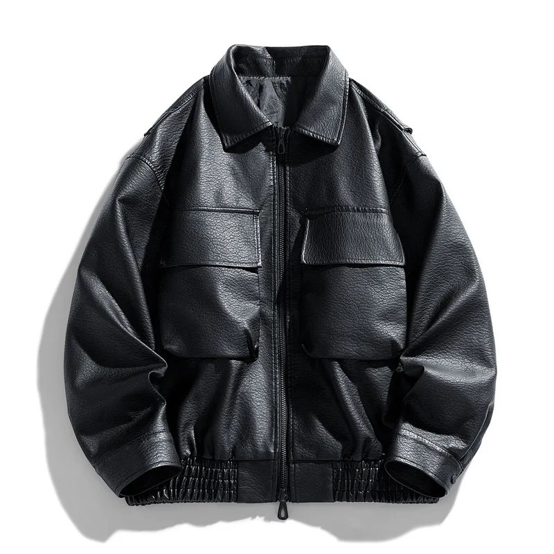 

Men Faux Leather Coats Fashion Motorcycle Jackets Retro PU Short Spliced Tops Autumn Winter New Lapels Big Pocket Men's Clothing