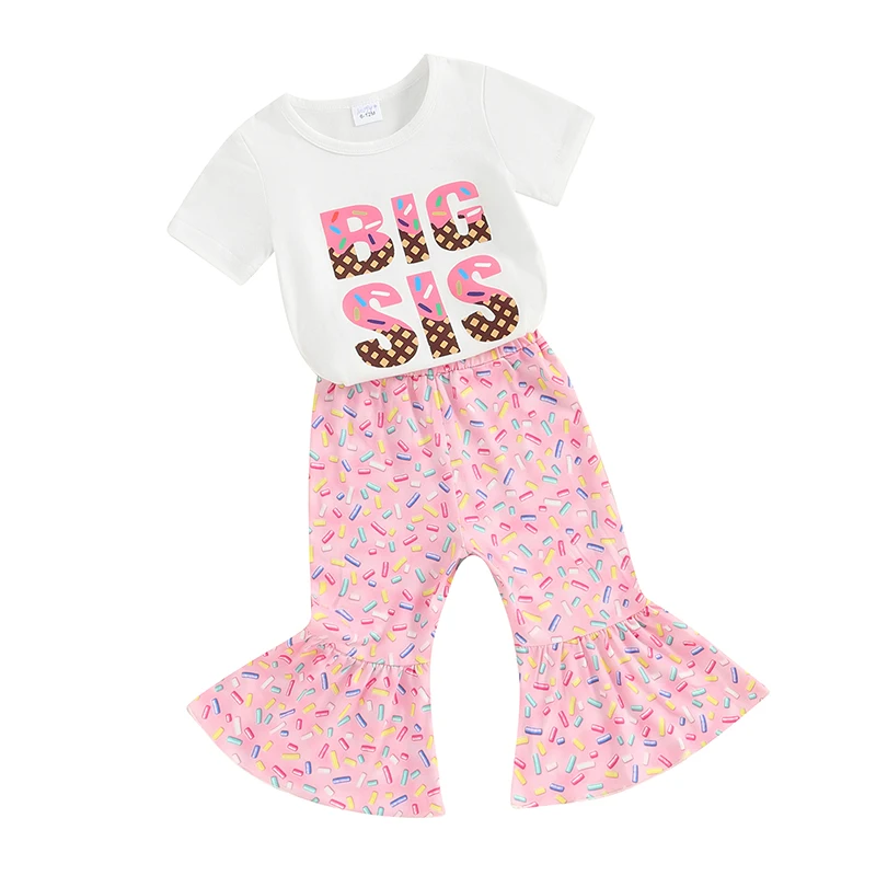 Toddler Girl Shirt Big Sis Lil Sis Outfits Pink Pants Set Bell Bottom Leggings Spring Summer Outfits For Girls