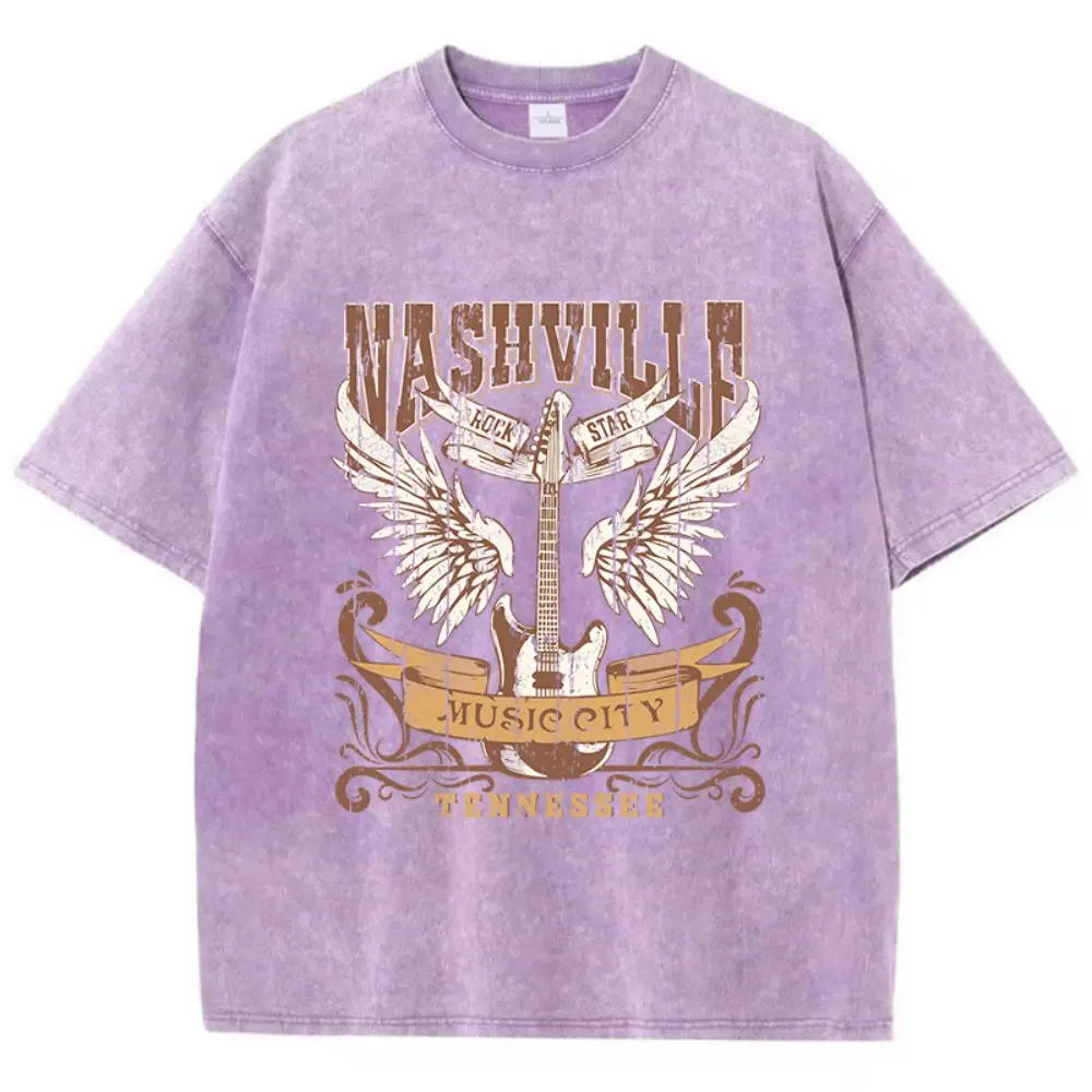 Summer Women Cotton Washed T-Shirts Nashville Music City Tennessee Print Tee Shirts Distressed O-Neck Loose Tops Female Clothes