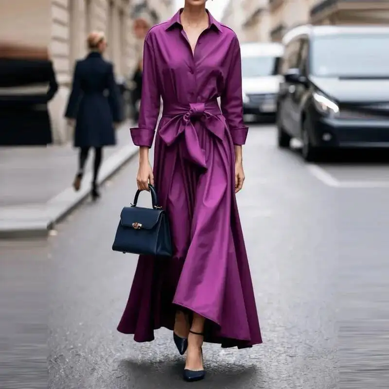 Feminino casual manga sólida longa moda lapela drapeado robe camisa elegante único breasted amarrar cintura vestido de festa