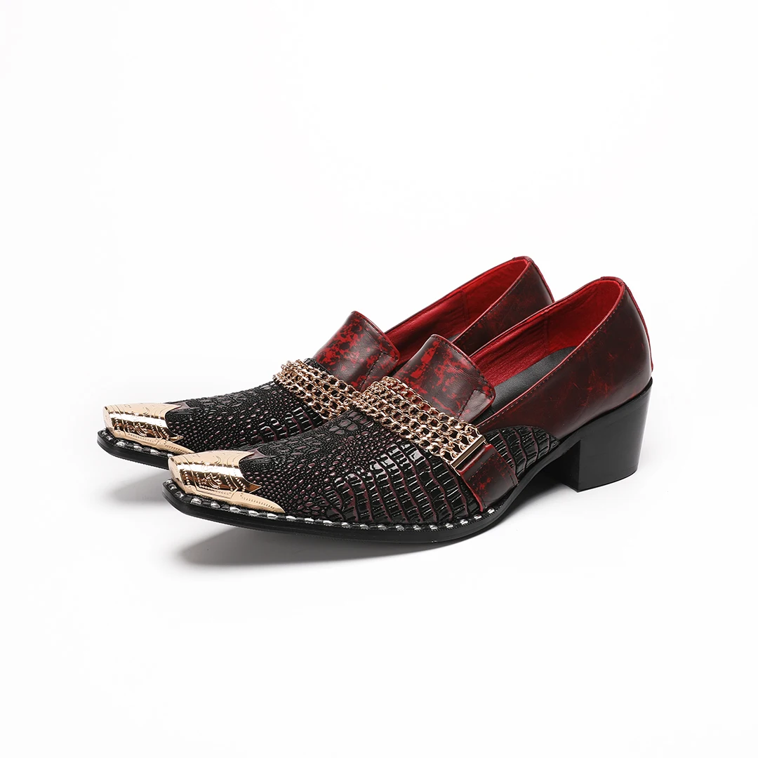Zapatos de vestir góticos para hombre con tacón alto y punta puntiaguda, sin cordones, con cadena dorada, tacón cubano, en rojo y negro, ideales para fiestas y negocios.
