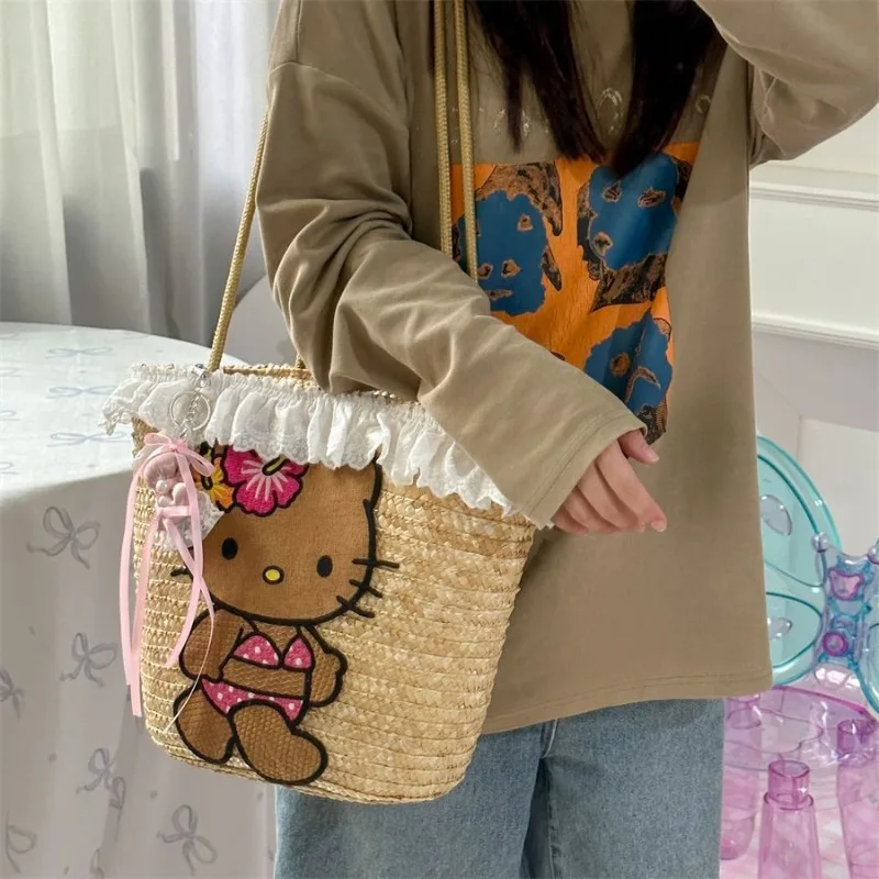 

Sanrio Summer Straw Beach Bag Hello Kitty Kawaii Shoulder Bag for Women Portable Environmentally Friendly Large Capacity