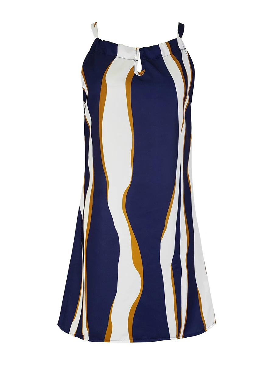Neues Damen Sommerkleid mit Neckholder, ärmellos, gewelltem Streifenmuster, lässiges Strandkleid, Boho A-Linien-Minikleid, elegantes Partykleid. – Detail 4