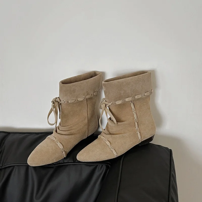 النساء حذاء من الجلد كعب مربع أحذية الشتاء Cowsuede ربيع الخريف الأحذية العصرية الانزلاق على الجلد الحقيقي المشمش الأحذية جولة تو #5