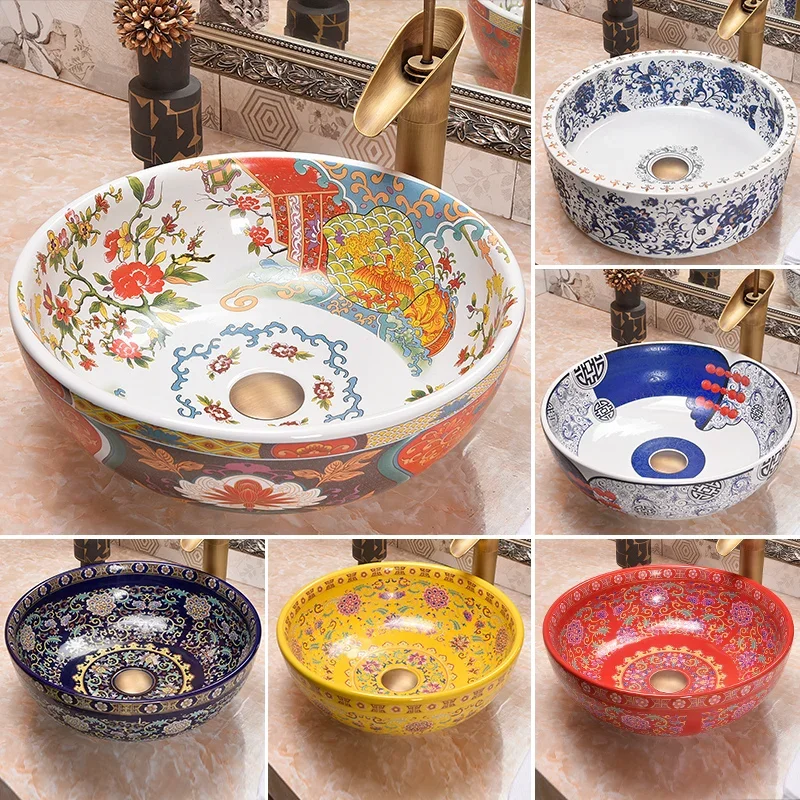 

Ceramic art washbasin European retro table basin Round washbasin