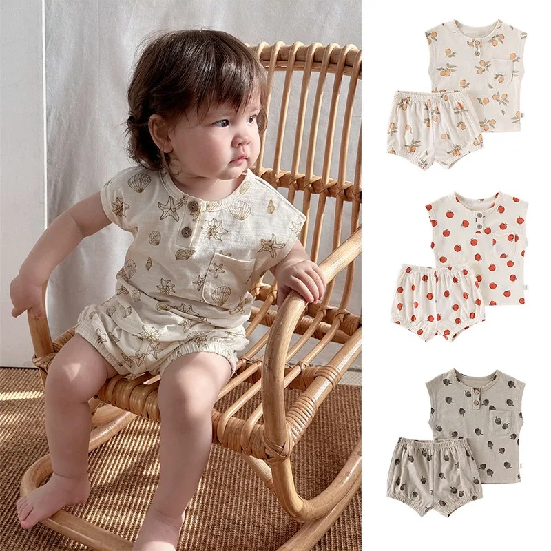 

Summer Baby Clothes Sleeveless 2 Piece Set Cotton Printed Shorts Set for Boys Girls Infant Clothes Top and Pants Children's Set