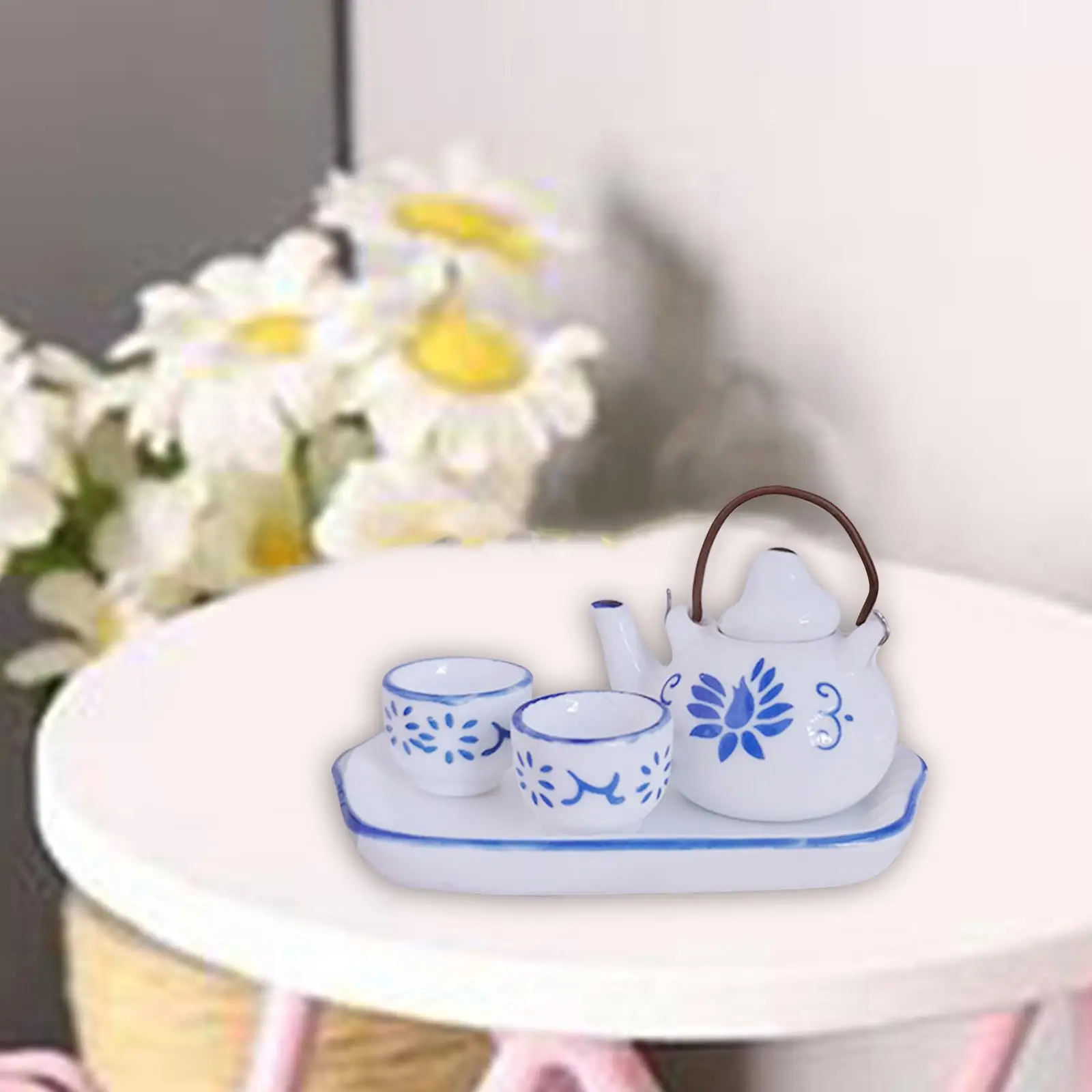 1/2 Scale Dollhouse Ceramic Cups Set with Teapot,Dollhouse Furniture Model Mini Dollhouse Decoration for Diorama Accessories