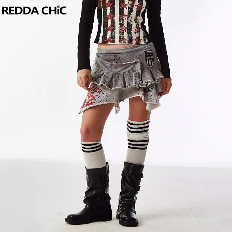 

ReddaChic Women Ruffle Tiered Asymmetrical Skirt Grunge Distressed Ruffle Irregular Pleated Sweat Skirt Alt Retro Streetwear