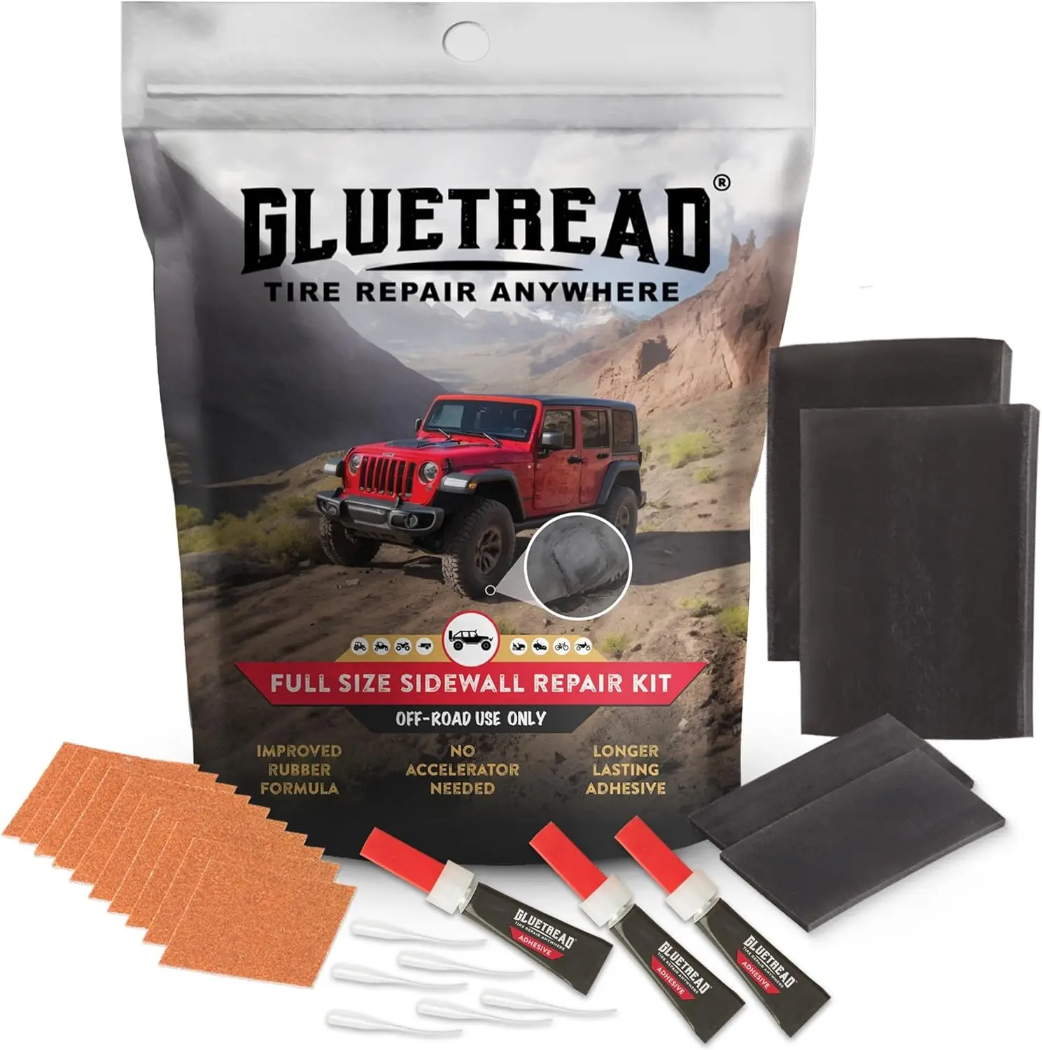 

Full-Size 4x4 Sidewall Tire Repair Kit | Puncture Patch for Off-Road Vehicles | Quick Cure No Accelerator