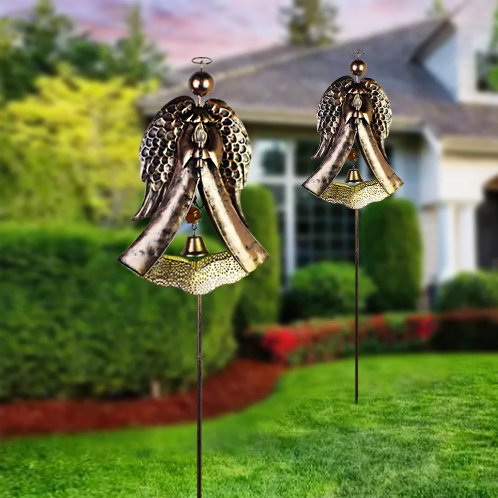 Solar Angel Lawn Light Waterproof Retro Iron Bell Candle Lamp Outdoor Garden Yard Landscape Ground Plug Decor