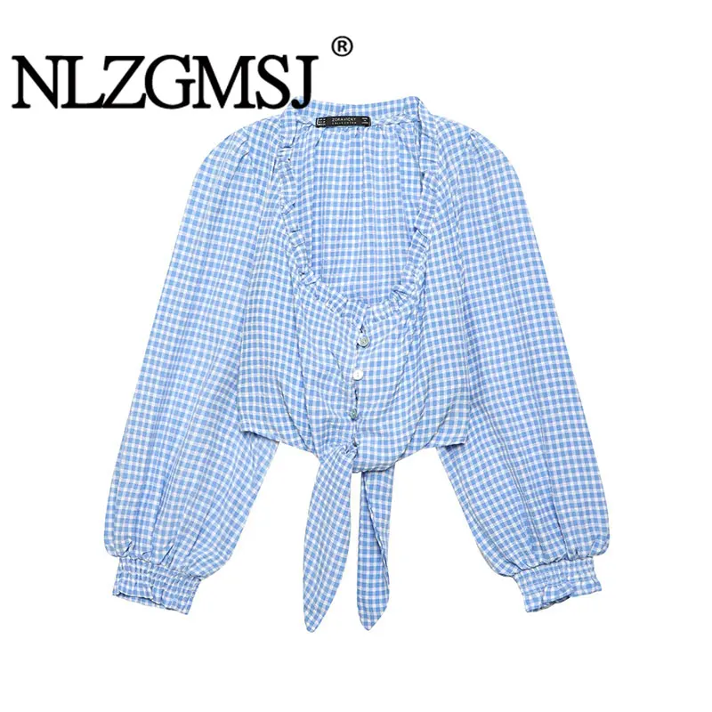 

NLZGMSJ 2026 Spring Women Casual Blouse Long Sleeve O Neck Bow Lace Up Loose Shirt Female Hollow Out Crop Top Y2K
