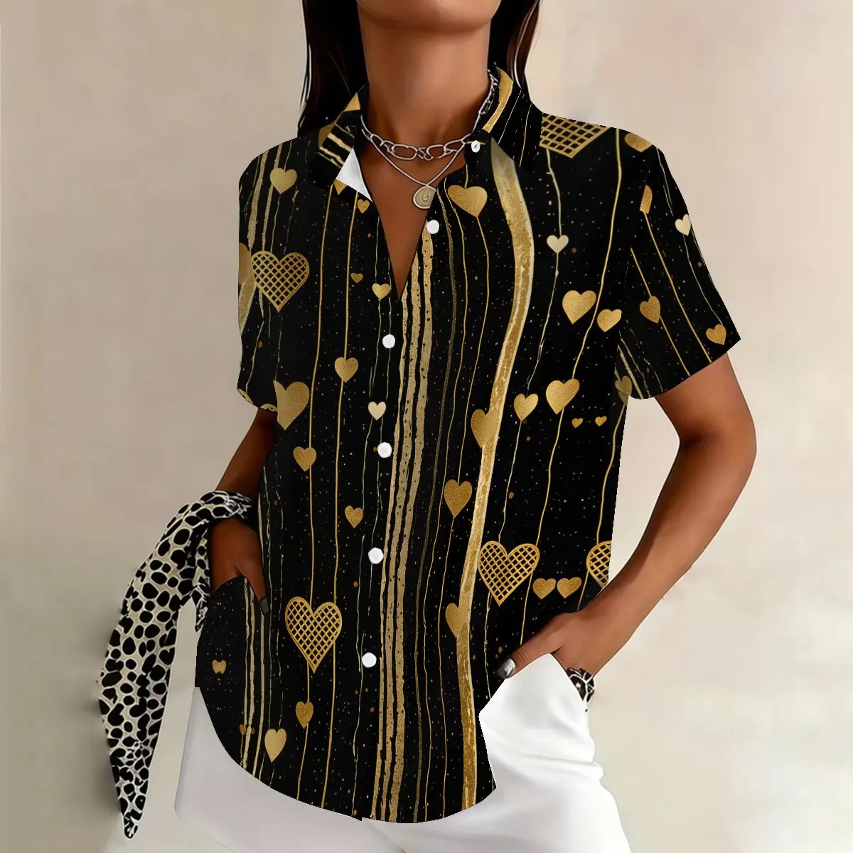 

Summer fashion plus-size women's short-sleeve lapel shirt, light luxury sweet & cool,high-end romantic,perfect for parties dates