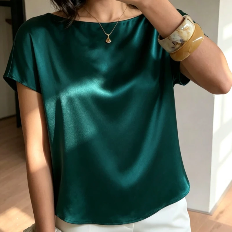 Summer New Chic 2026 Women Elegant Blouse O Neck Short Sleeve T-shirts Loose Casual Shirts Green Office Casual Tops