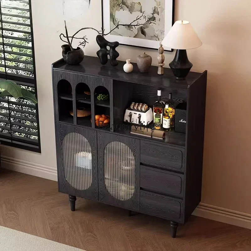 

01French solid wood black high bucket side cabinet modern wall locker American style