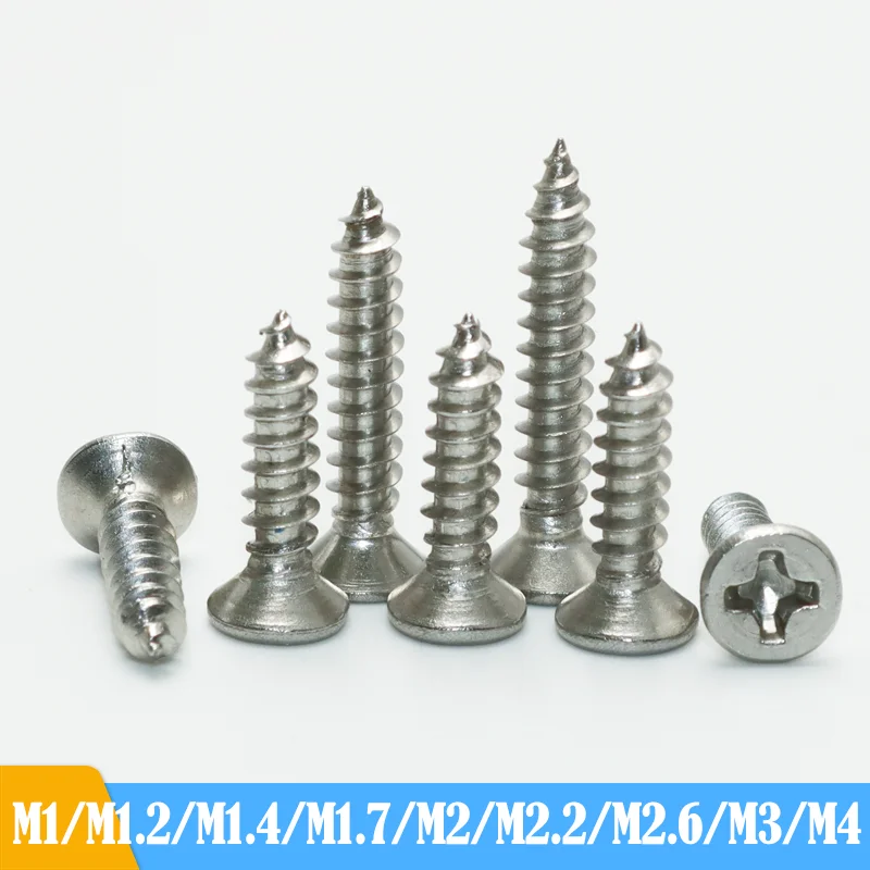 

200P/lot 304 Stainless Steel Cross Recessed Flat Countersunk Head Tapping Screws M1 M2 M2.3 M2.6 M3 M4 Self-Tapping Wood Screws