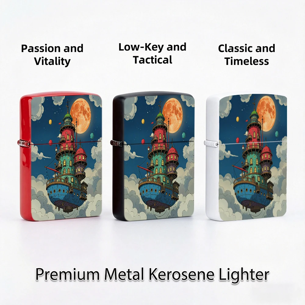 Flip Top Lighter Steampunk Flying Castle Moon Clouds Fantasy Art Pattern lighters vintage lighters for smokers