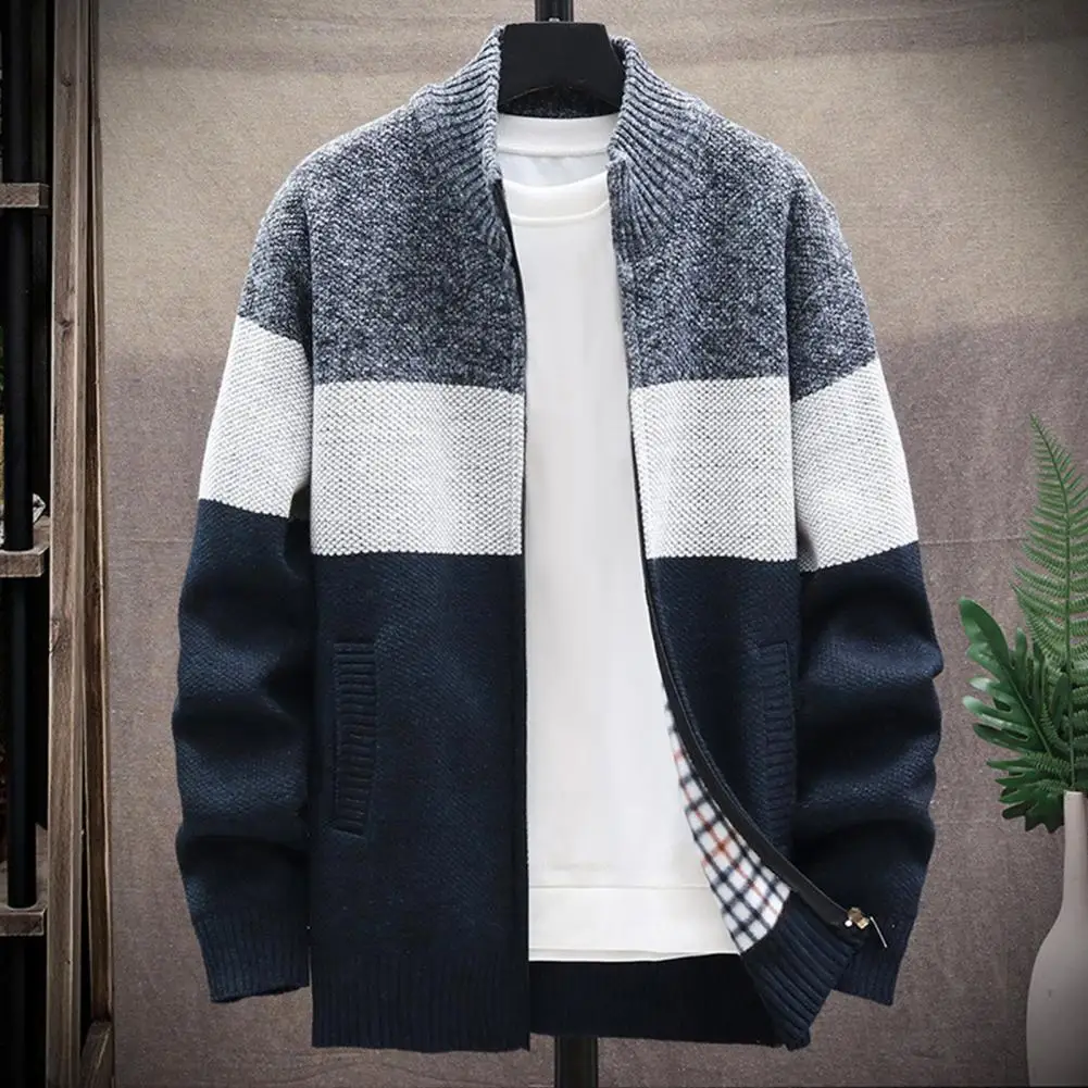 

Stretchy Men Sweater Coat Knitted Men Jacket Men's Stand Collar Sweater Coat with Plush Lining Color Matching Knitted for Daily