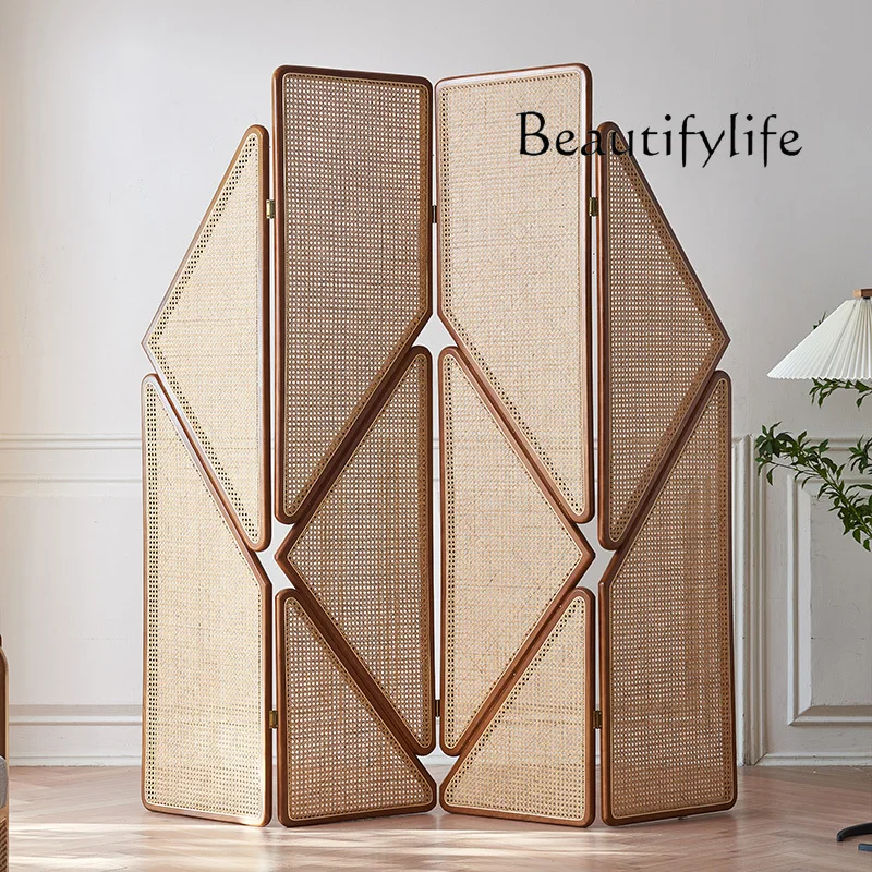 Nordic solid wood rattan screen partition wall movable folding screen new Chinese arc retro entrance screen