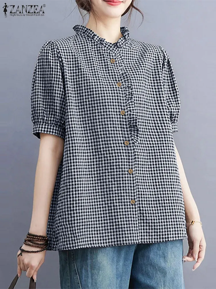 ZANZEA Casual Women Blouse Loose Fashion Shirt Spliced Ruffle Checked Grid Tunic Top Button Up Short Puff Sleeve Summer Blouses