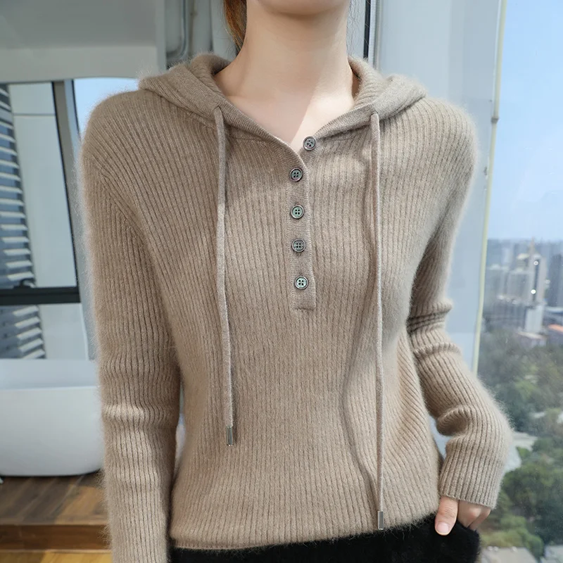 Autumn and Winter New Cashmere Hooded Hoodie Knit Sweater Women\'s Solid Long Sleeve Loose Semi-Open Collar Cashmere Sweater Top