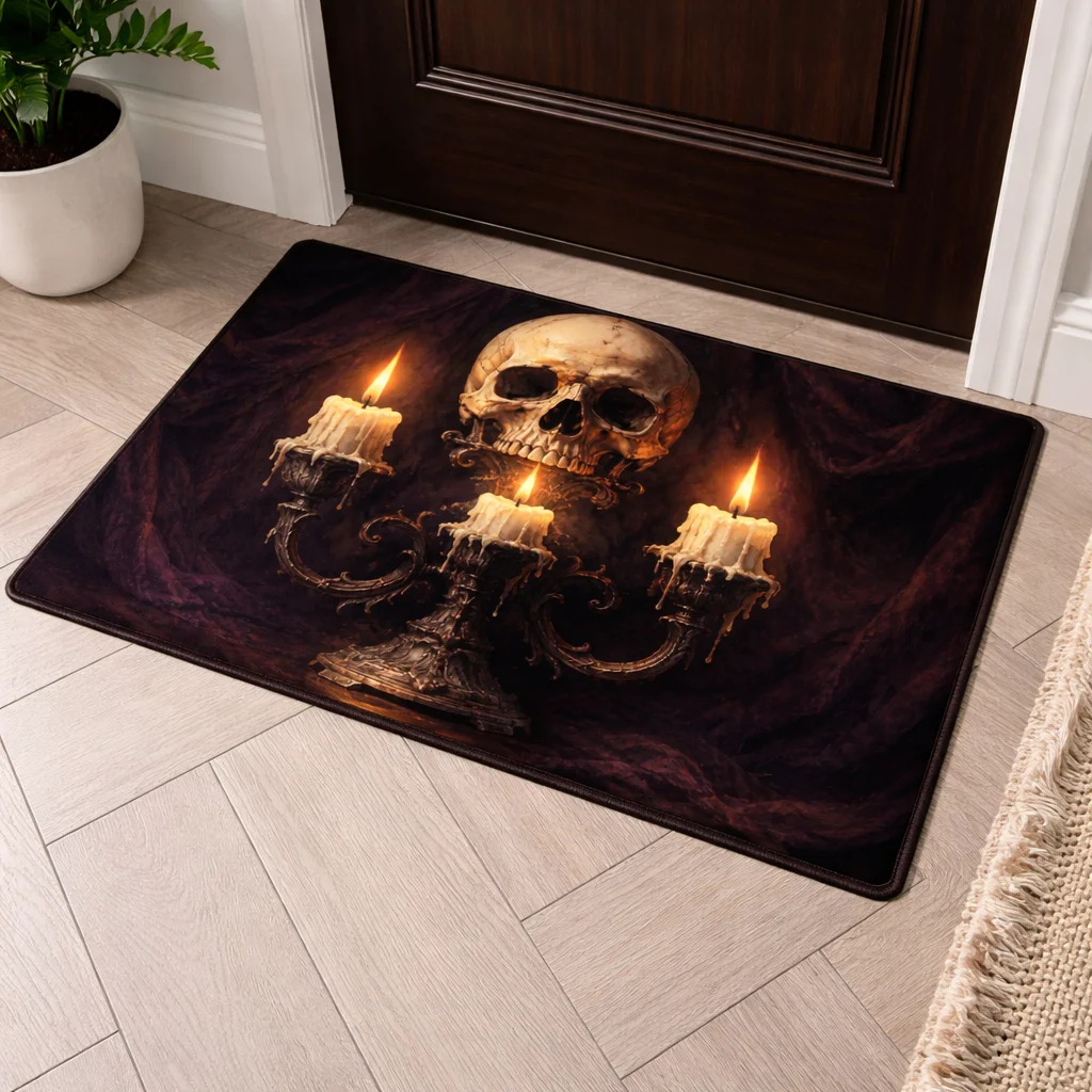 VIKAMA Skeleton Warrior Knight Halloween Doormat Anti-Slip Indoor Outdoor Rug Dark Spooky Gothic Front Entrance Welcome Door Mat