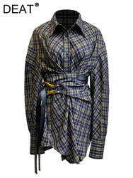 DEAT 2024 autunno nuova camicia da donna risvolto monopetto Vintage Plaid fasciatura manica lunga camicetta firmata moda donna WO398