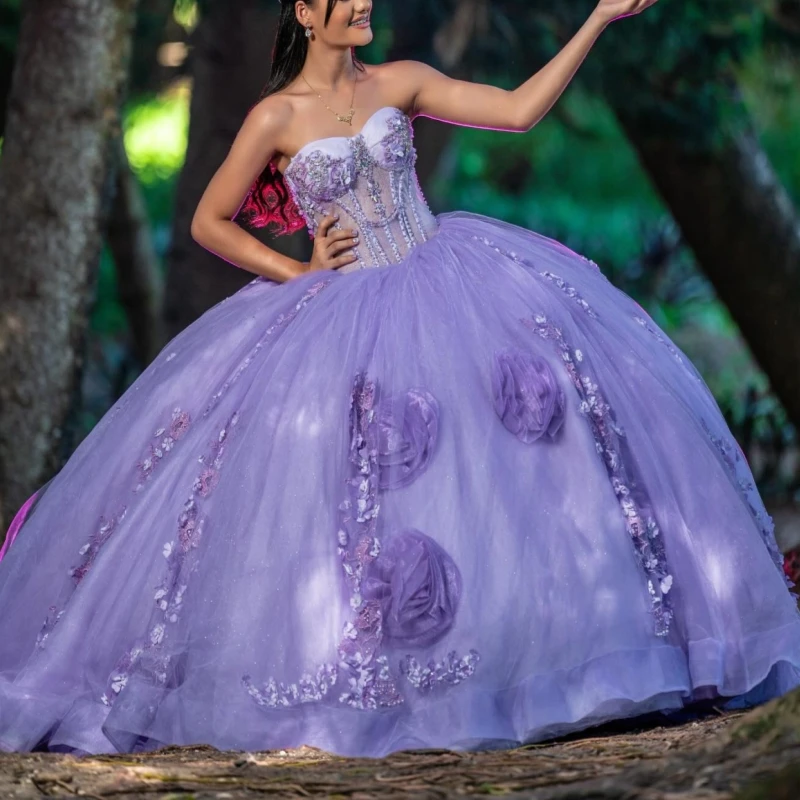 

Лавандовые блестящие платья Quinceanera с открытыми плечами, аппликация, цветок, бисер, кристалл, тюль, вечерние, день рождения, сладкое платье 16, Vestidos