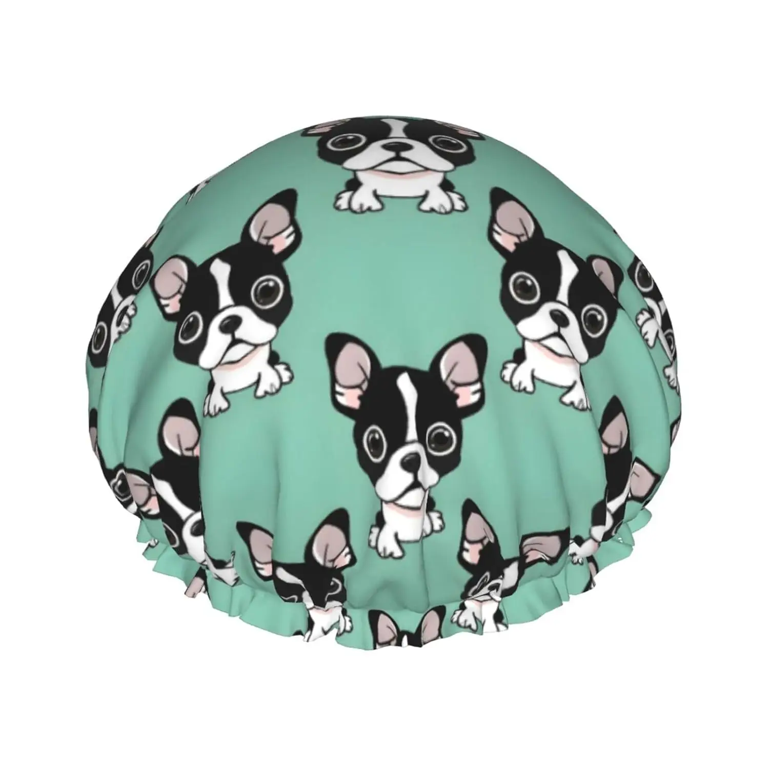 Cute Boston Terriers Green Shower Cap for Women Reusable Waterproof Double Layer Bath Hair Adjustable Elastic