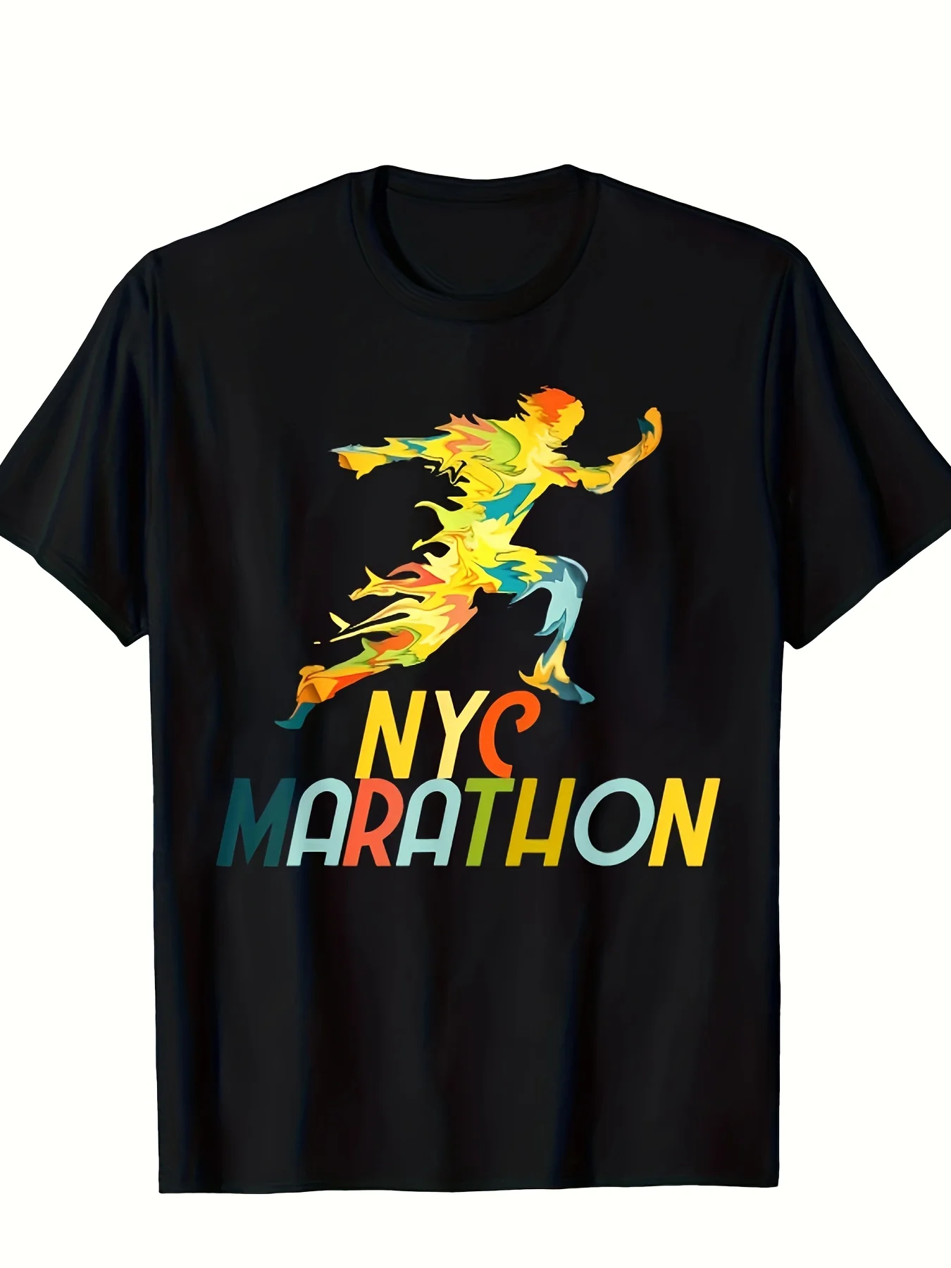 Men's New York Marathon Pattern T-Shirt, Breathable Crew Neck Short Sleeve with Colorful Runner Design, Perfect for Summer Outdoor Fun, Casual Wear and Fitness Activities, Bold Track Design  Shirt