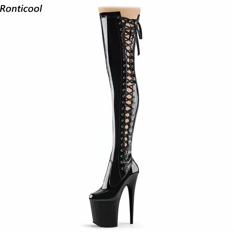 

Ronticool Handmade Women Spring Platform Thigh Boots Lace Up Stiletto Heels Round Toe Black Cosplay Shoes Us Size 6-12