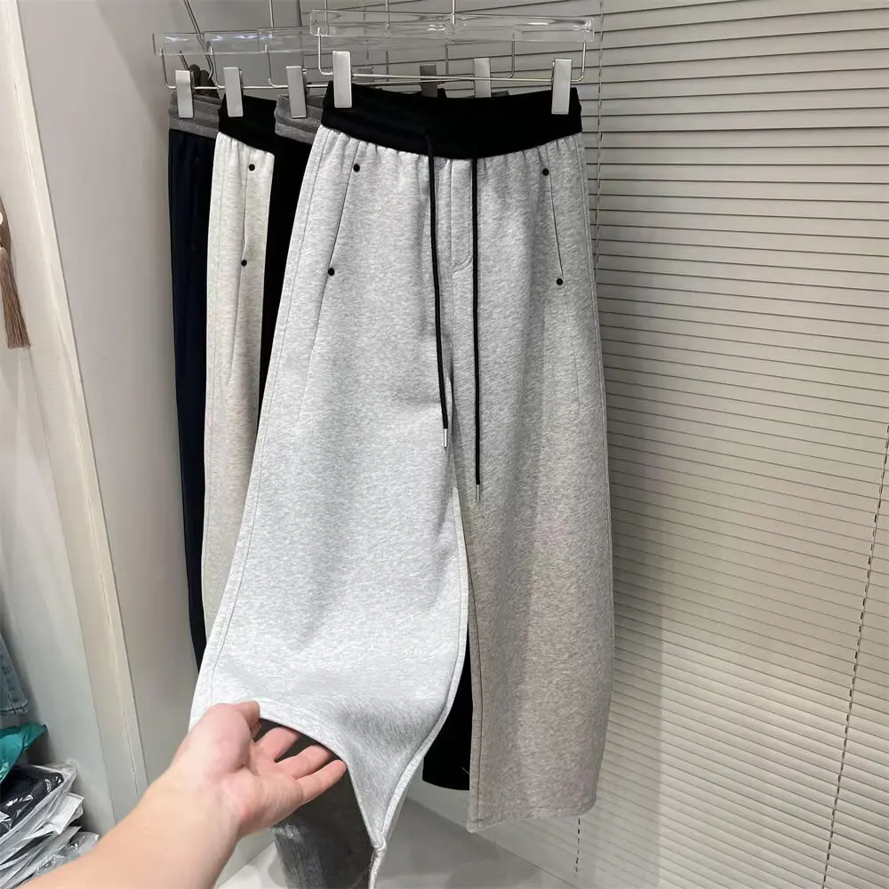 High Waist Patchwork Dstring Wide Leg Sweatpants Casual Loose Slimming Spor Trousers for Men And Women Autumn Winter