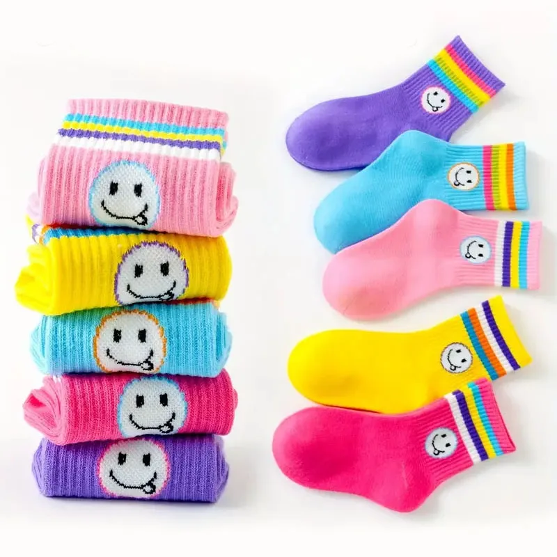 5 Paar Mädchensocken mit niedlichem Cartoon-Emoticons-Gesichtsmuster, bequeme, atmungsaktive Söckchen für Kinder – Detail 5