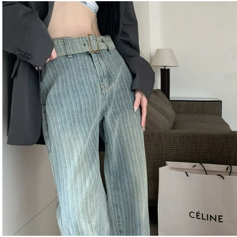 

American Style Denim Pants Women Summer Straight Wide Leg Vintage Distressed Design Jeans
