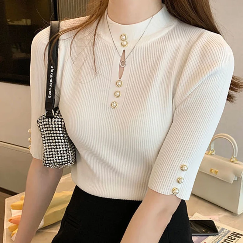 2024 Spring and Summer New Slim-fit Middle-sleeve T-shirt Women\'s Half-sleeve Ice Silk T-shirt Base Knit Shirt Women\'s Half-high