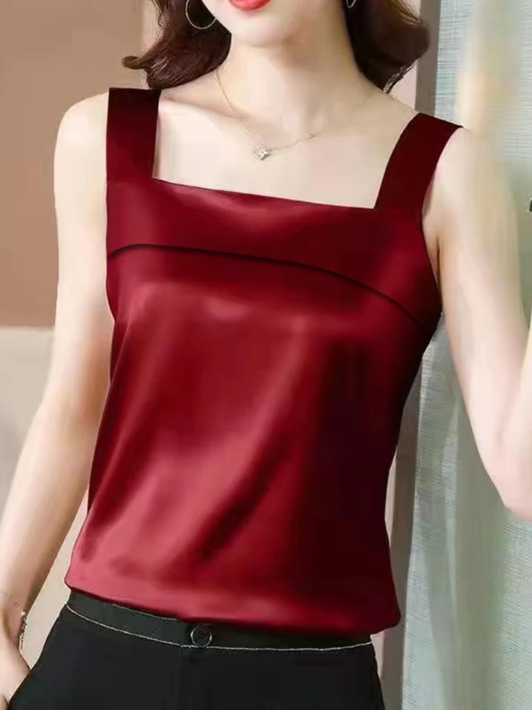 Summer Bottoming Satin Solid Color Commute Vest Slim All-match Fashion Sleeveless T-shirts Casual Square Collar Tank Top Women