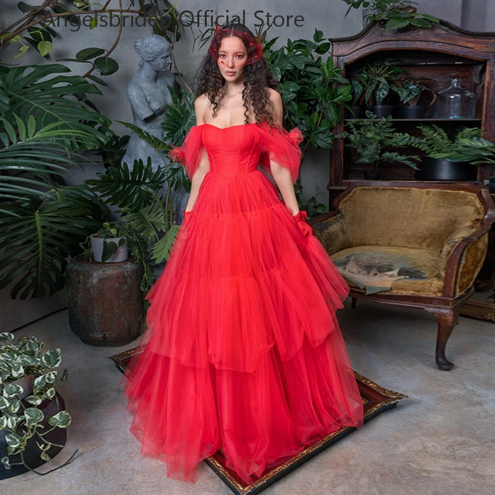 

Angelsbridep Strapless Tulle Evening Dresses 2023 Tiered Red Formal Dress A-line Long Evening Gowns Vestidos De Noche Prom Gowns