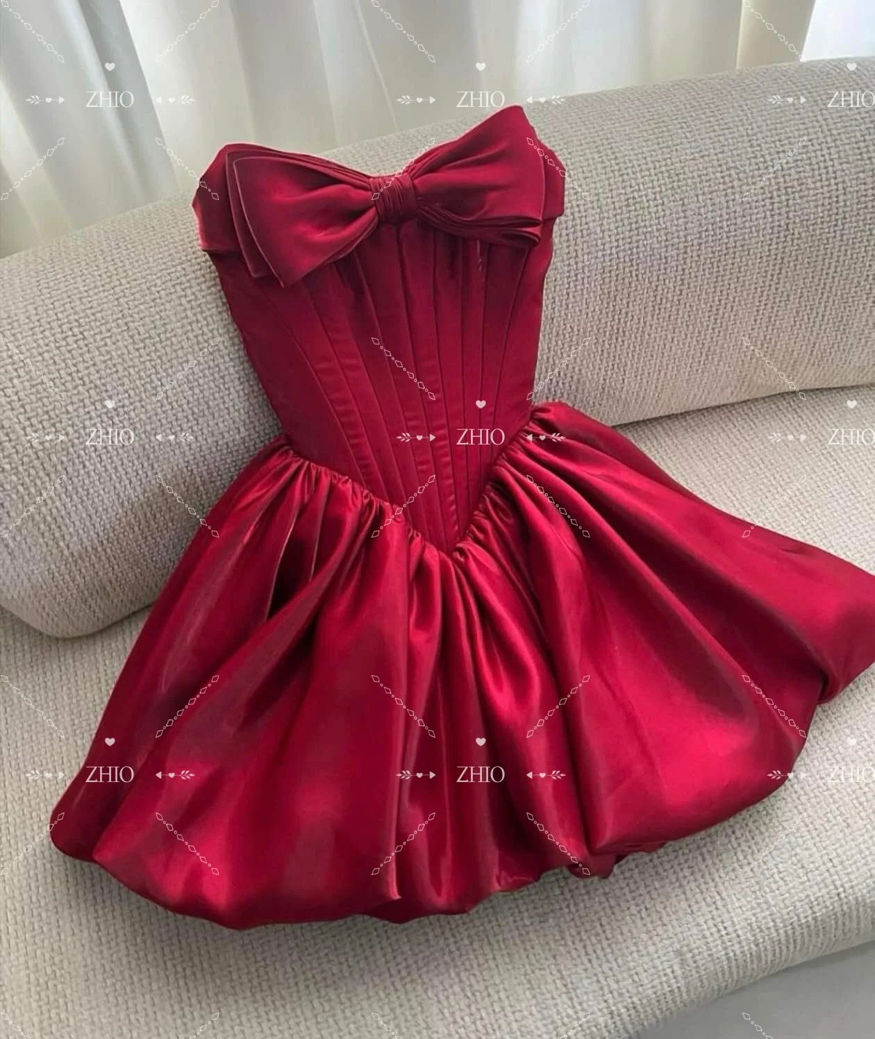 ZHIO فستان كلاسيكي لحفلات الزفاف بفيونكة حمراء داكنة ثنيات على شكل حرف a من الساتان مناسبة خاصة للاحتفال فستان حفلات قصير مخصص