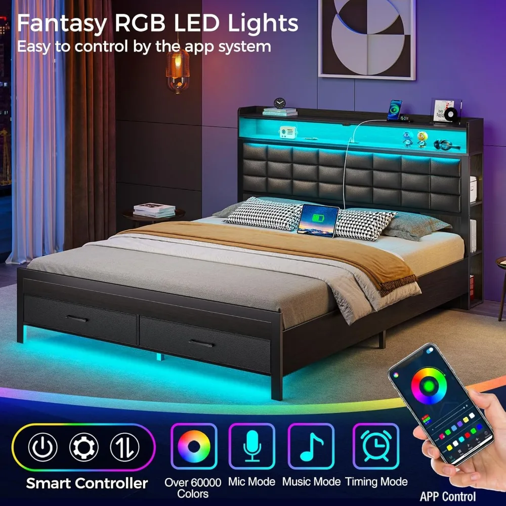 Cama de plataforma estofada em tamanho real com armazenamento, cabeceira, 2 gavetas, estação de carregamento e luz LED