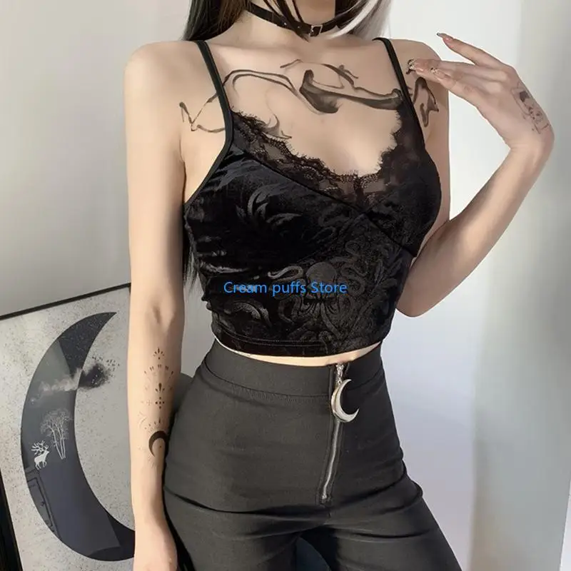 

50LE Women Goth Punk Black Camisole Harajuku Octopus Pattern Crop Top Sexy V-Neck Eyelash Lace Vest