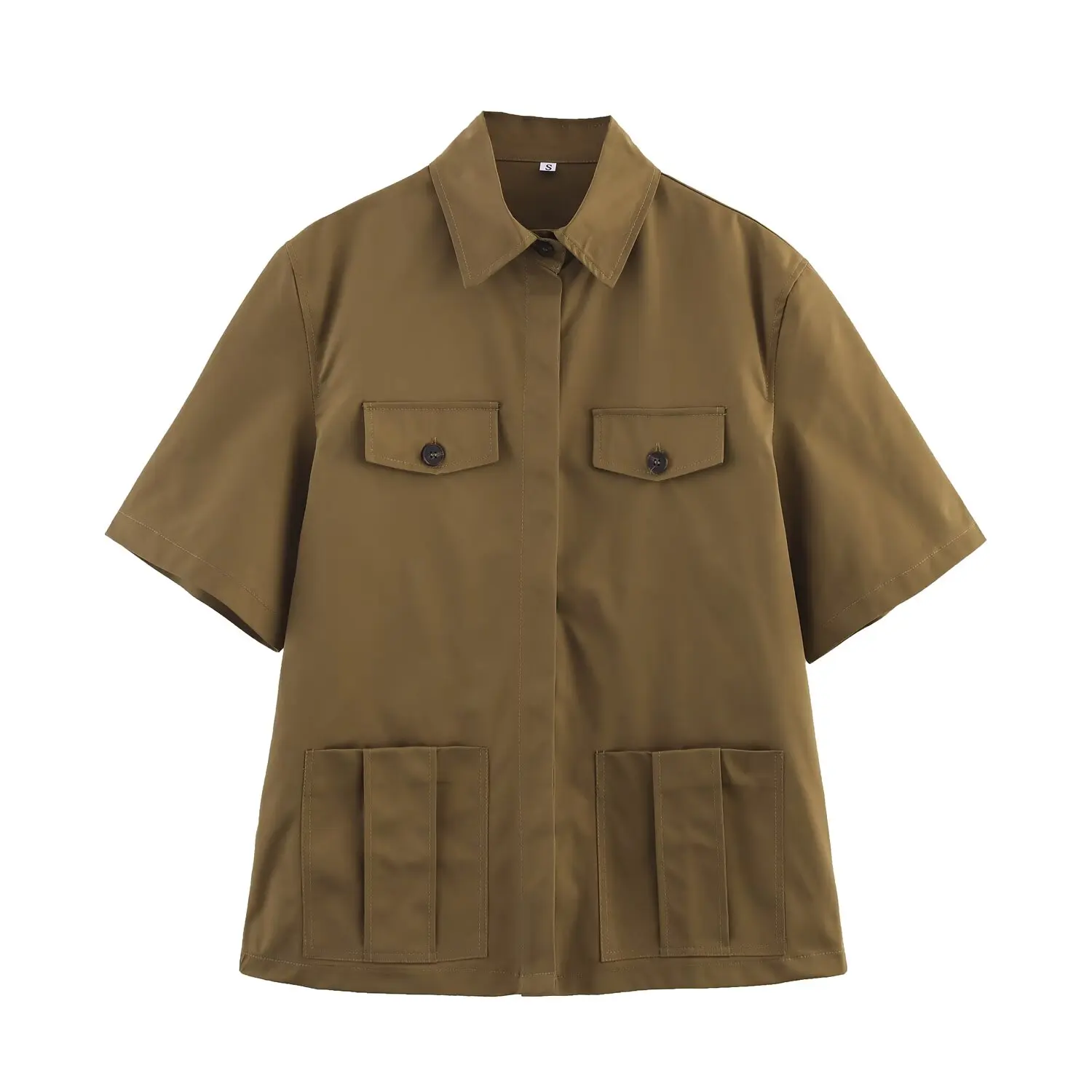 

2025 New Women's Clothing European and American Style Fashionable Versatile Pocket Decoration Short Sleeve Lapel Shirt