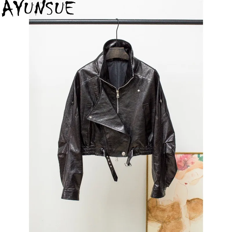 AYUNSUE Oil-wax Sheepskin Women's Jackets Short Motorcycle Leather Jacket Woman Fashion Loose Long Sleeve Tops Woman Clothes