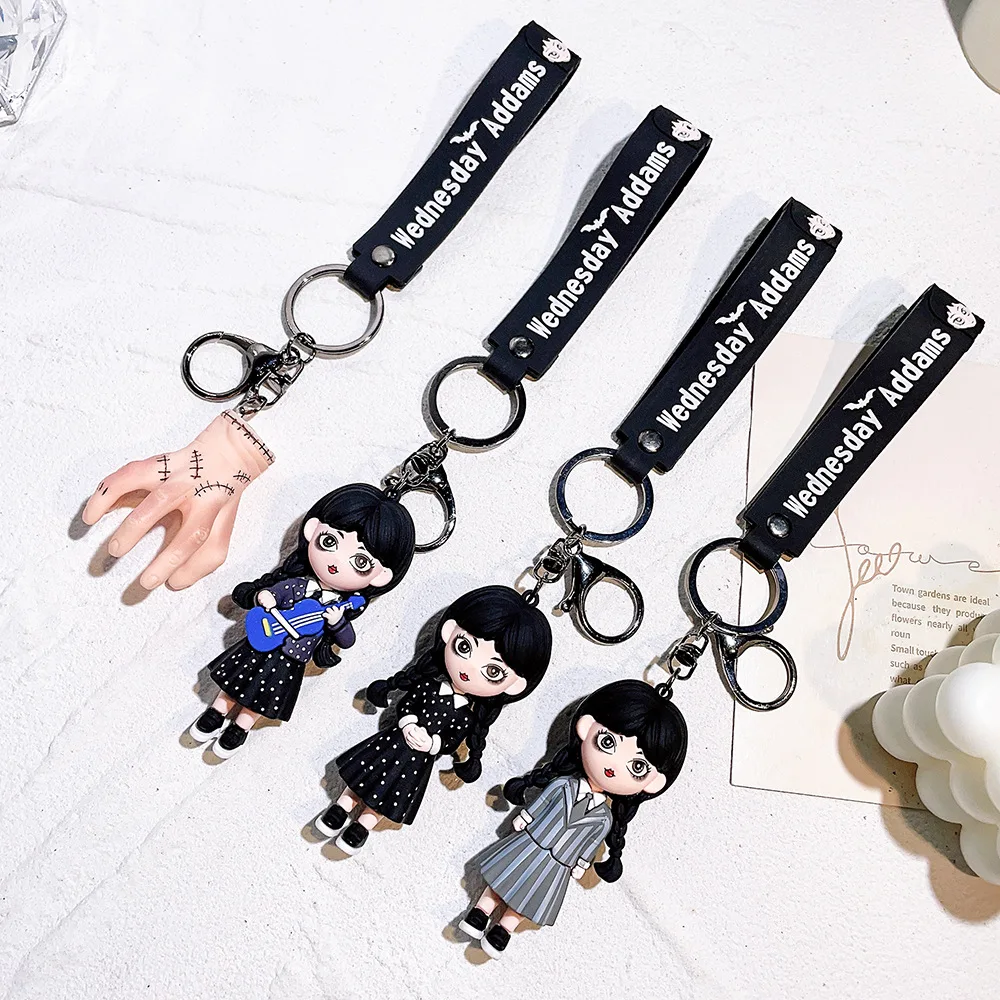 Horror Wednesday Addams Silicone Keychain Toy Thing Hand Home Decor Keychain Doll Schoolbag Pendant Halloween Toy Costume Props