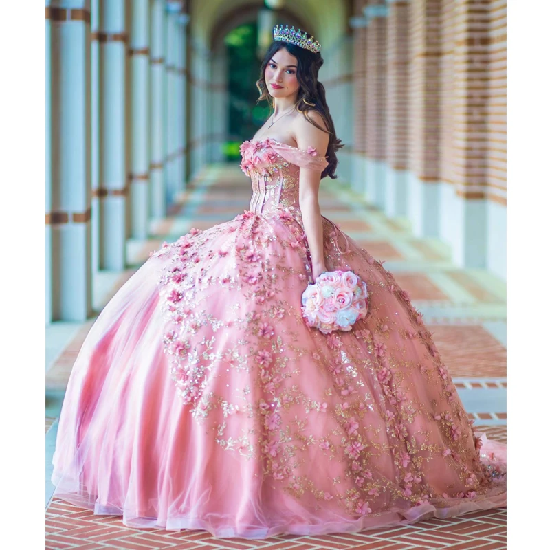 Personalizado mexicano brilhante blush rosa quinceanera vestido de baile 3d floral renda applique frisado doce 16 vestidos xv años yqd436