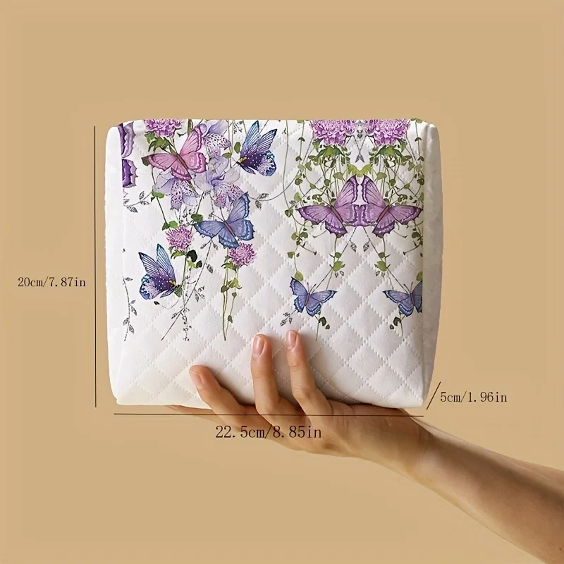 1pc，Purple butterfly print pattern makeup bag, portable makeup storage bag, multifunctional storage bag, lightweight travel bag