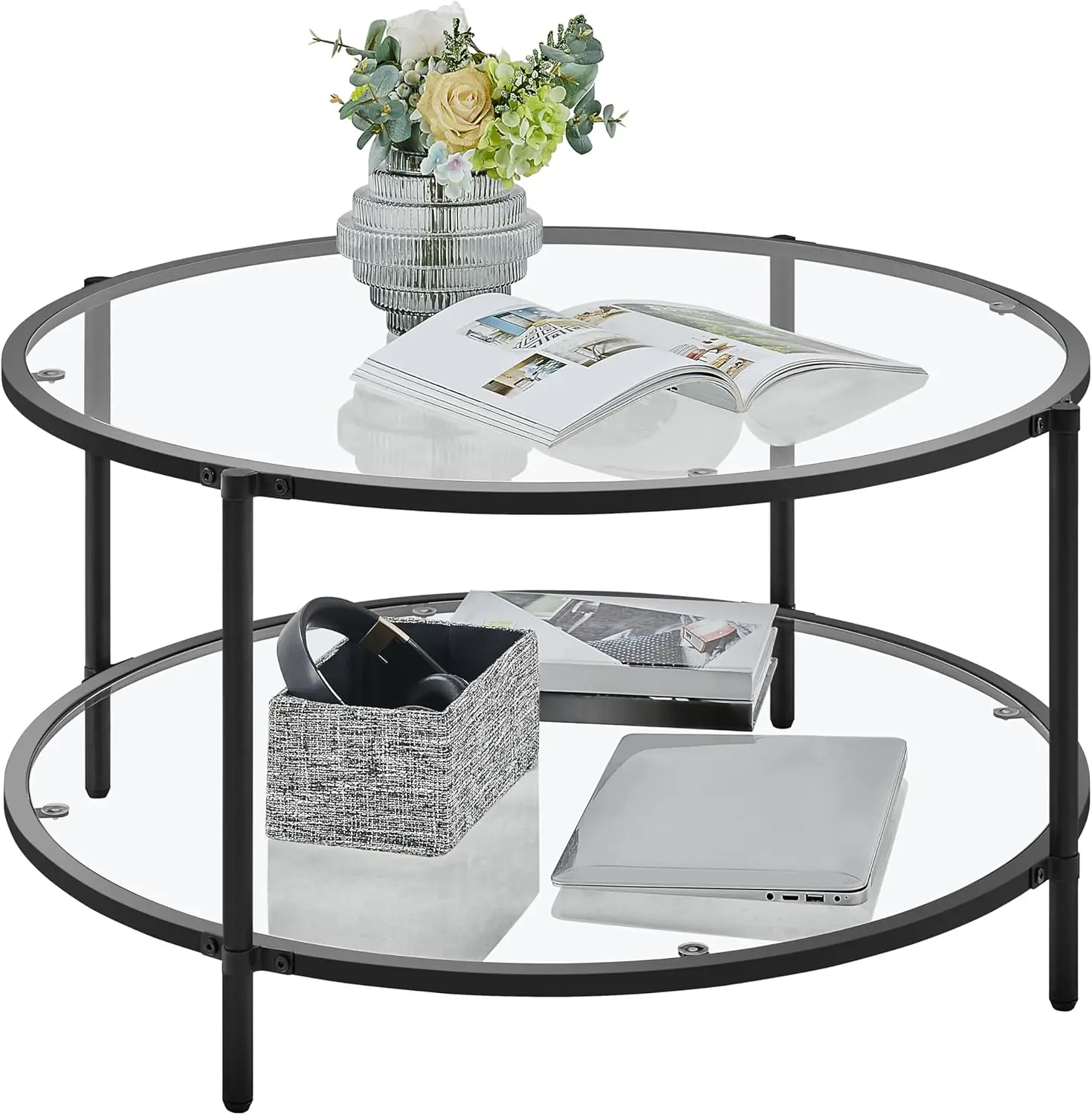 Glass Top Coffee Table, 2Tier Round Coffee Table for Living Room with Storage Shelf, 36