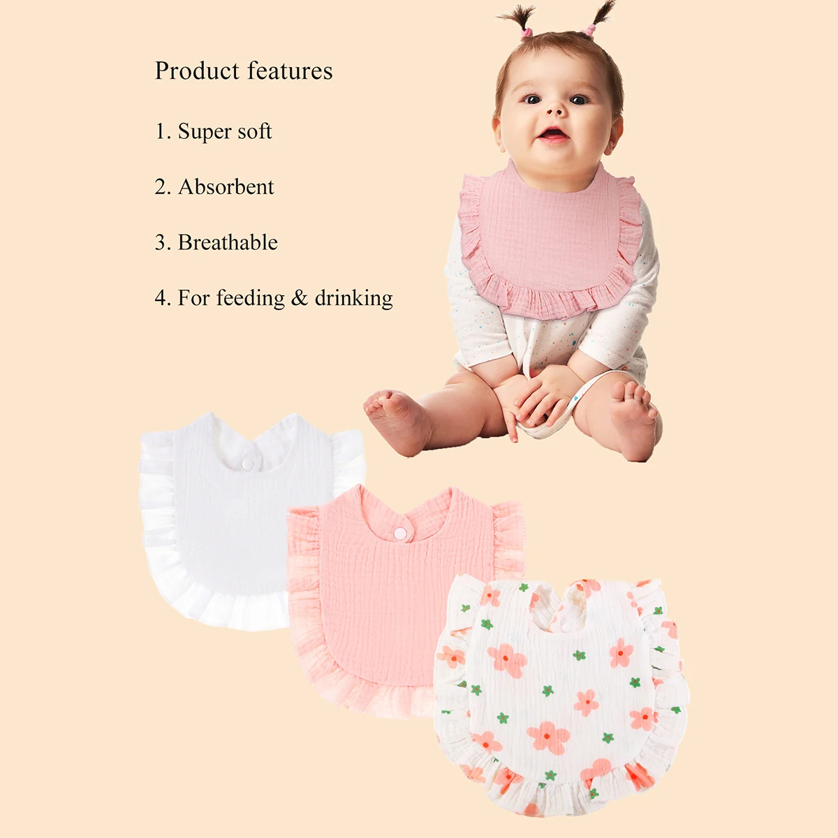 3pcs/set Baby Muslin Bibs Soft and Absorbent Cotton Drool Bandana Bibs for Baby Girl