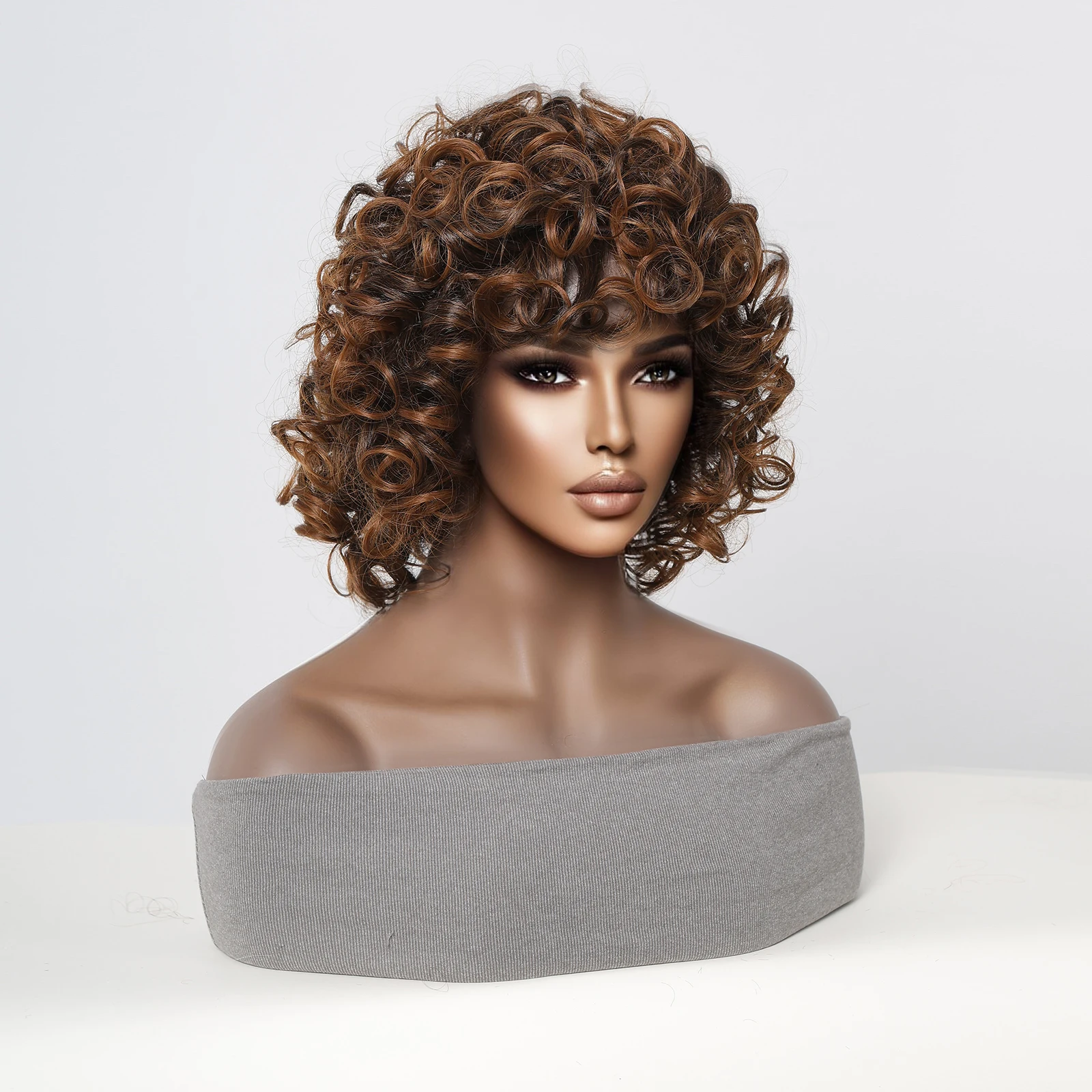Synthetic Short Brown Bounce Curly Wigs for Black Women Afro Fluffy Natural Wigs with Bangs Natural Daily Heat Resistant